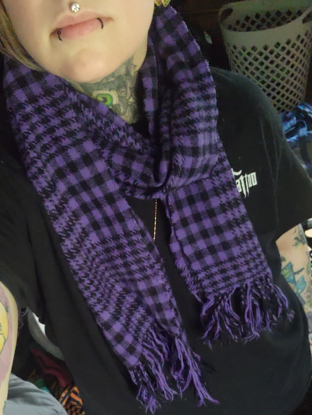 Purple and Black Checkered Fringe Scarf